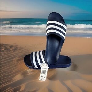Adidas Men's Size 11 Adilette Aqua Slides Sandals. Navy/White Stripes. NWT